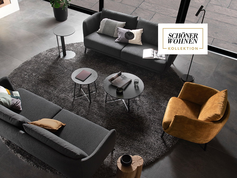 Modernes Wohnzimmer mit stilvollen Möbeln der SCHÖNER WOHNEN Kollektion in dunklen Farbtönen.