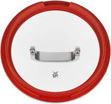 Topfdeckel mit rotem Rand und Metallgriff, Draufsicht