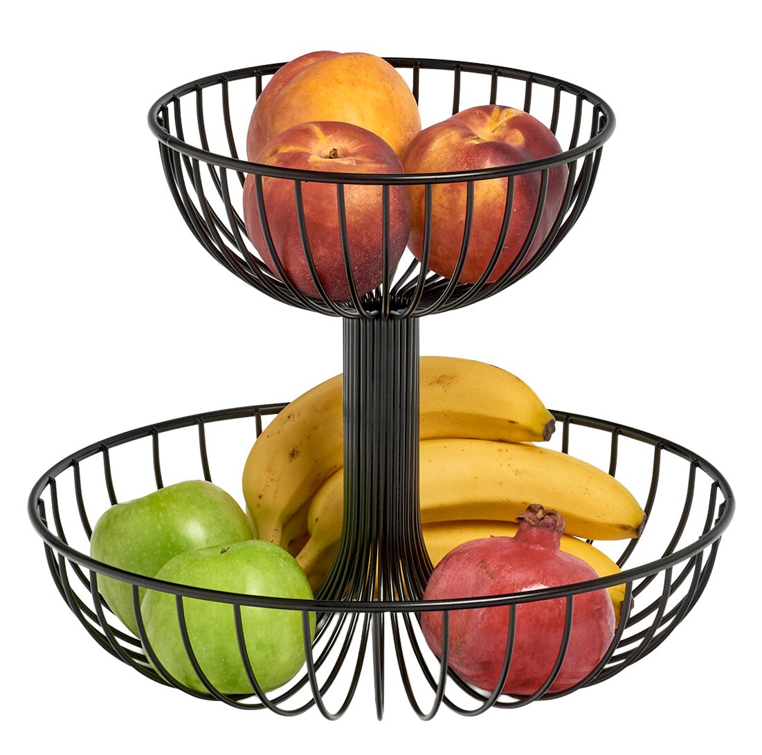 Zeller Present Obst-Etagere Zweistöckige Obst-Etagere aus schwarzem Metall mit verschiedenen Früchten, seitliche Perspektive