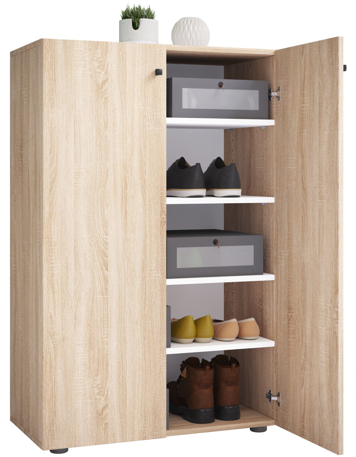 VCM Schuhschrank LONA XL Offener Schuhschrank in heller Holzoptik mit mehreren Einlegeböden, Schuhen und Aufbewahrungsboxen; Produktansicht schräg von vorn/rechts.