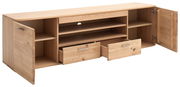 XL-TV-Lowboard aus Holz mit offenen Türen und Schubladen, frontale Perspektive