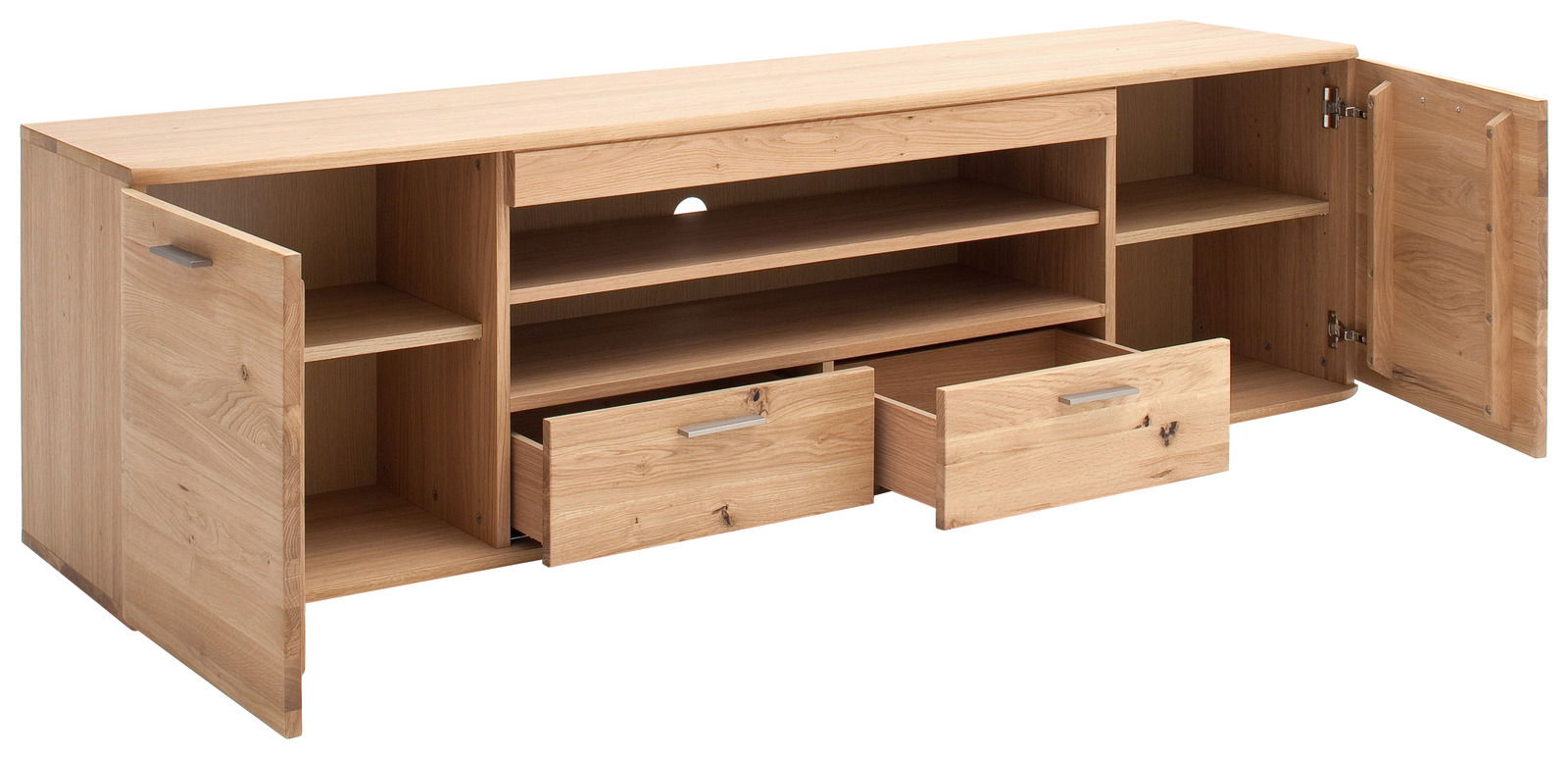 XL-TV-Lowboard aus Holz mit offenen Türen und Schubladen, frontale Perspektive