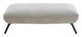 Rechteckiger Hocker mit grauem Stoffbezug und schwarzen Metallbeinen, seitliche Perspektive.