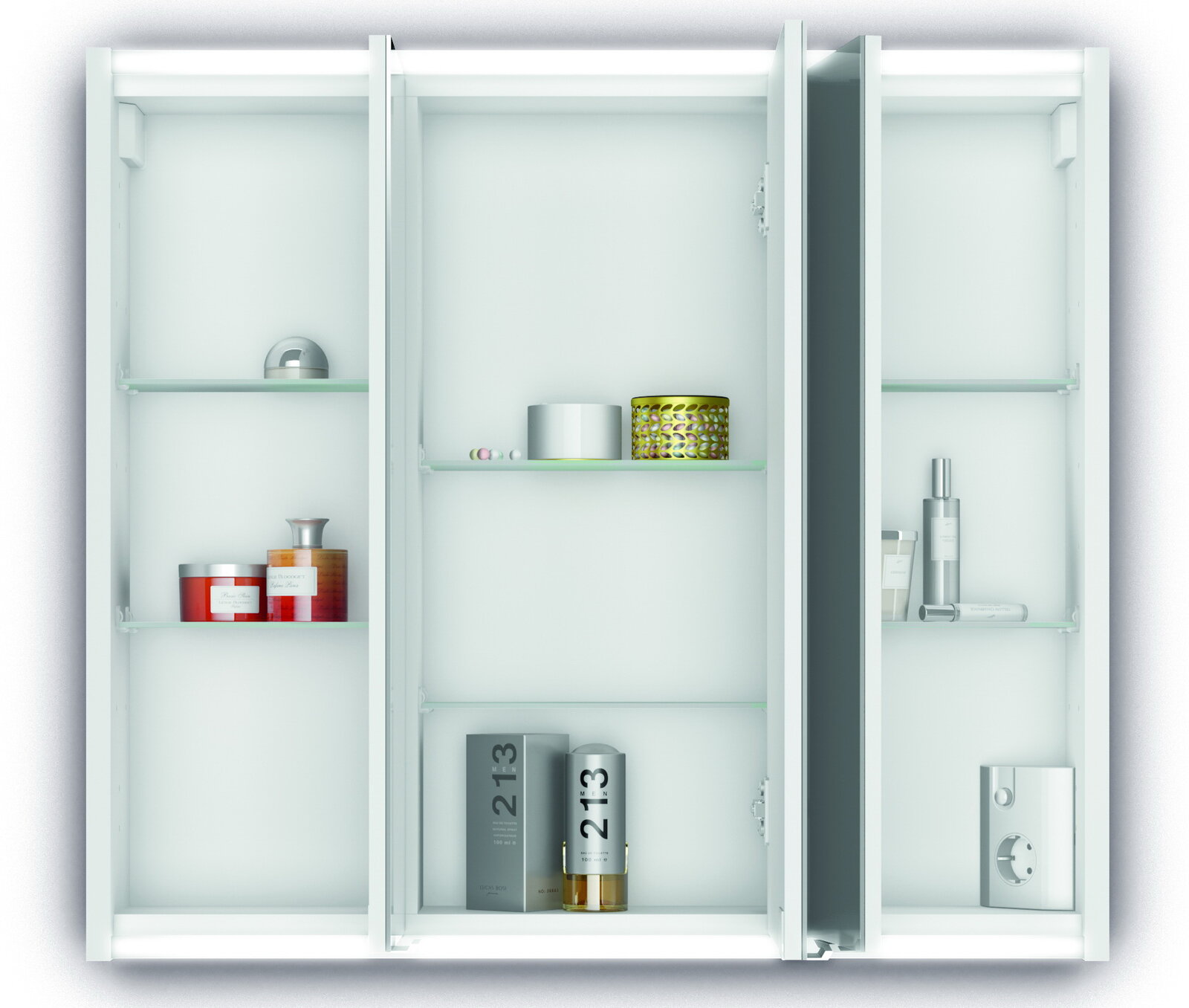 Zurbrüggen Spiegelschrank BATU Offener Spiegelschrank mit drei Fächern, gefüllt mit Kosmetikartikeln, aus frontaler Perspektive