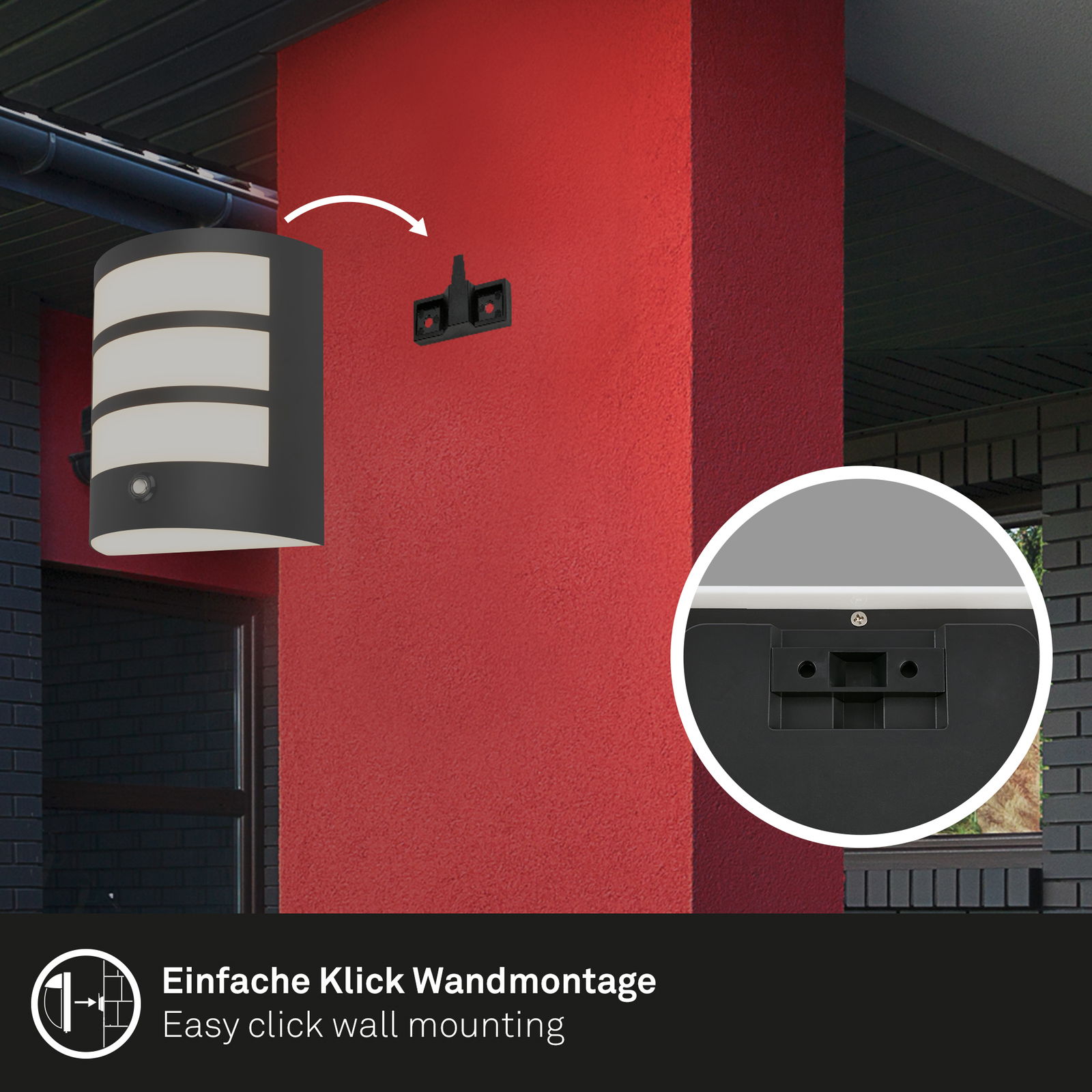 Akku-Außenwandleuchte mit einfacher Klick-Wandmontage, seitliche Perspektive