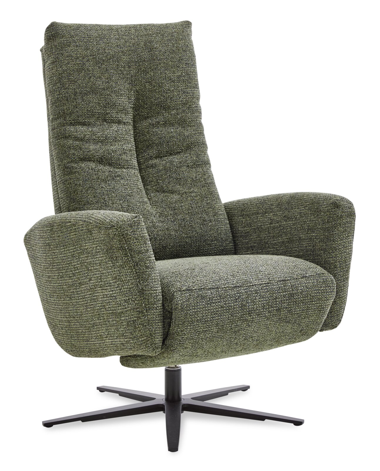 Grüner Relax-Sessel mit hoher Rückenlehne und drehbarem Fuß, seitliche Perspektive