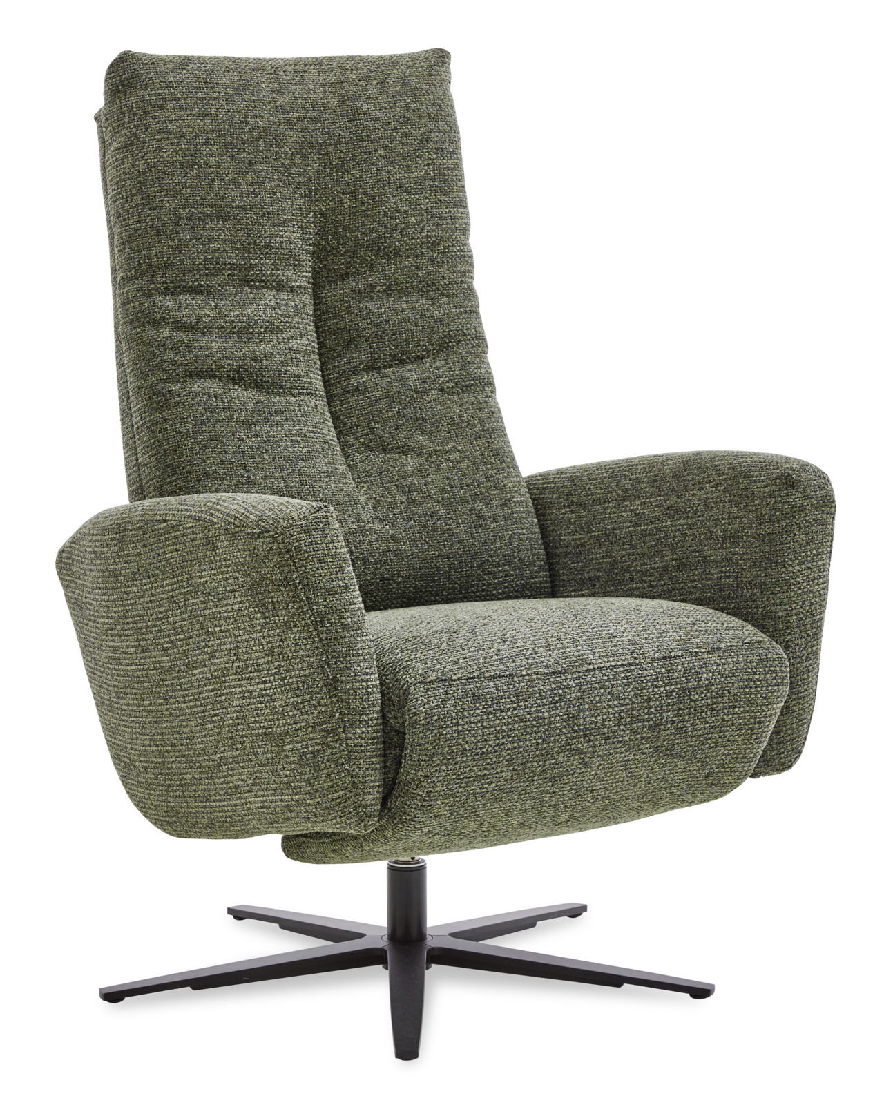 Grüner Relax-Sessel mit hoher Rückenlehne und drehbarem Fuß, seitliche Perspektive