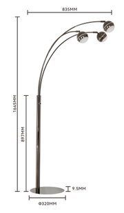 Vooraanzicht van een moderne metalen boogvloerlamp met drie bolvormige lampenkappen, een hoogte van 1645 mm, een breedte van 835 mm en een ronde voet van Ø 320 mm.