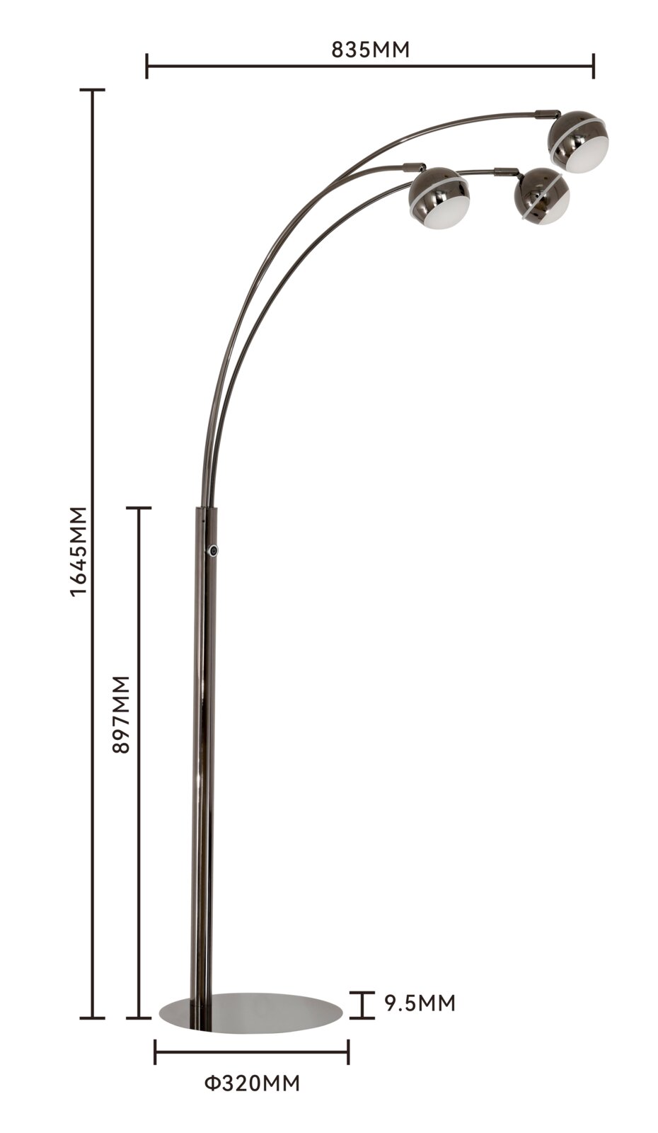 Vooraanzicht van een moderne metalen boogvloerlamp met drie bolvormige lampenkappen, een hoogte van 1645 mm, een breedte van 835 mm en een ronde voet van Ø 320 mm.