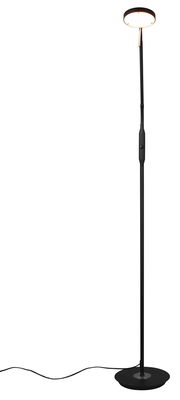 Stehleuchte mit rundem Lampenschirm, schwarzem Ständer und Kabel, seitliche Perspektive