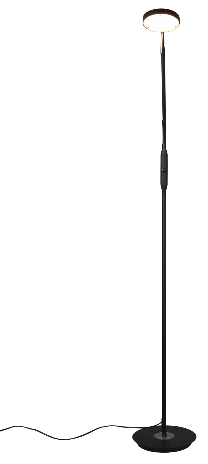 Stehleuchte mit rundem Lampenschirm, schwarzem Ständer und Kabel, seitliche Perspektive