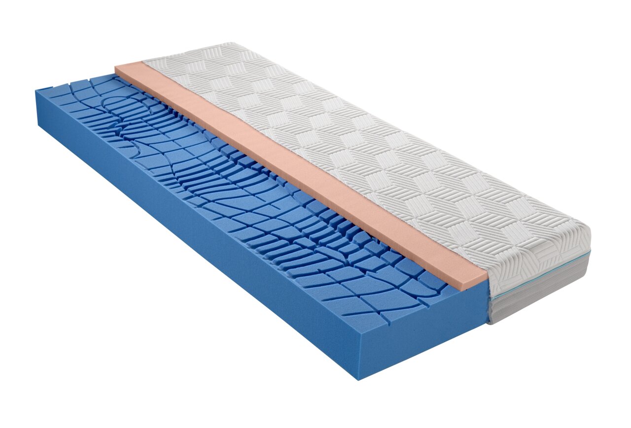 Dieter Knoll Gel-Kaltschaummatratze H3 OPTIFLOW GEL KS 20 Querschnitt einer Gel-Kaltschaummatratze mit blauer und rosa Schaumschicht sowie weißem Bezug, perspektivisch von der Seite gezeigt.