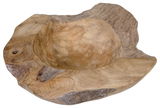 Holzschale in natürlicher Form, aus einer einzigartigen Holzmaserung gefertigt, aus der Vogelperspektive betrachtet.