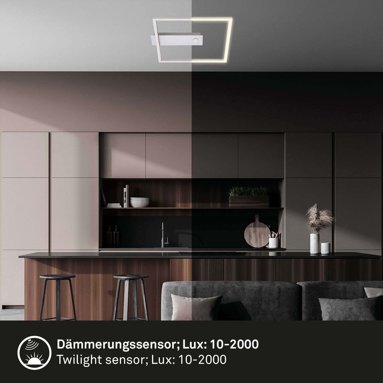 Moderne LED-Deckenleuchte mit Sensor in einem stilvollen Kücheninterieur, aus der Perspektive von unten betrachtet.