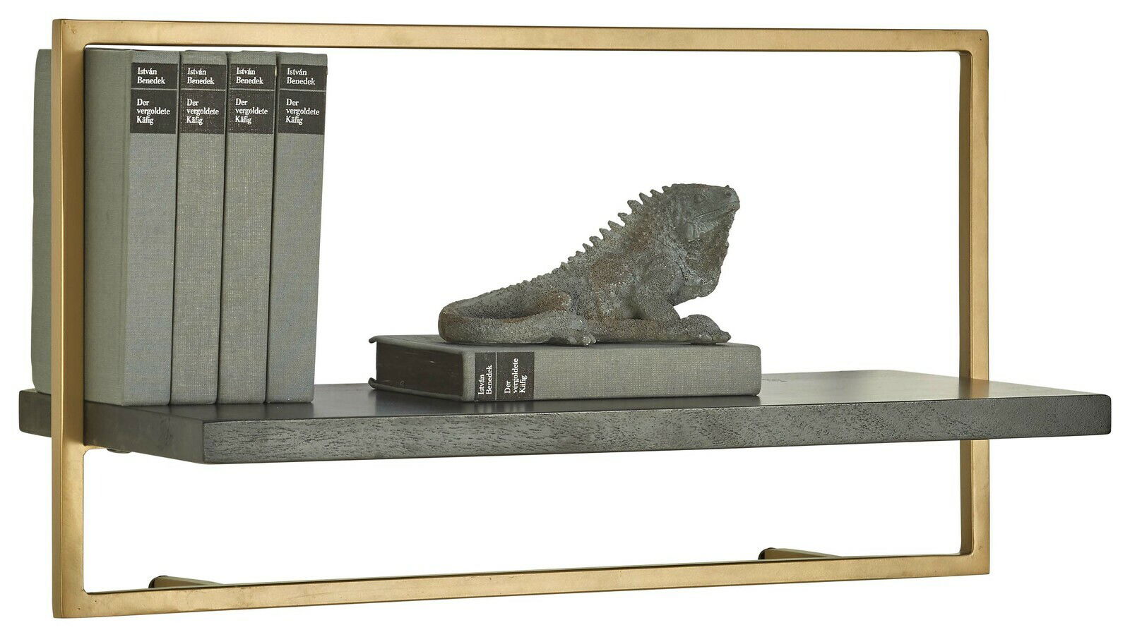 Wandregal der Serie VALO mit goldfarbenem Rahmen, grauer Ablagefläche, dekoriert mit Büchern und einer Echsenfigur, seitliche Perspektive