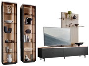 Modernes TV-Lowboard-Set mit zwei hohen Vitrinen und einem breiten TV-Schrank in dunklem Holz und Glas, frontal betrachtet.