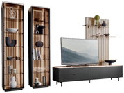 Moderne tv-lowboardset met twee hoge vitrinekasten en een brede tv-kast van donker hout en glas, gezien vanaf de voorkant.
