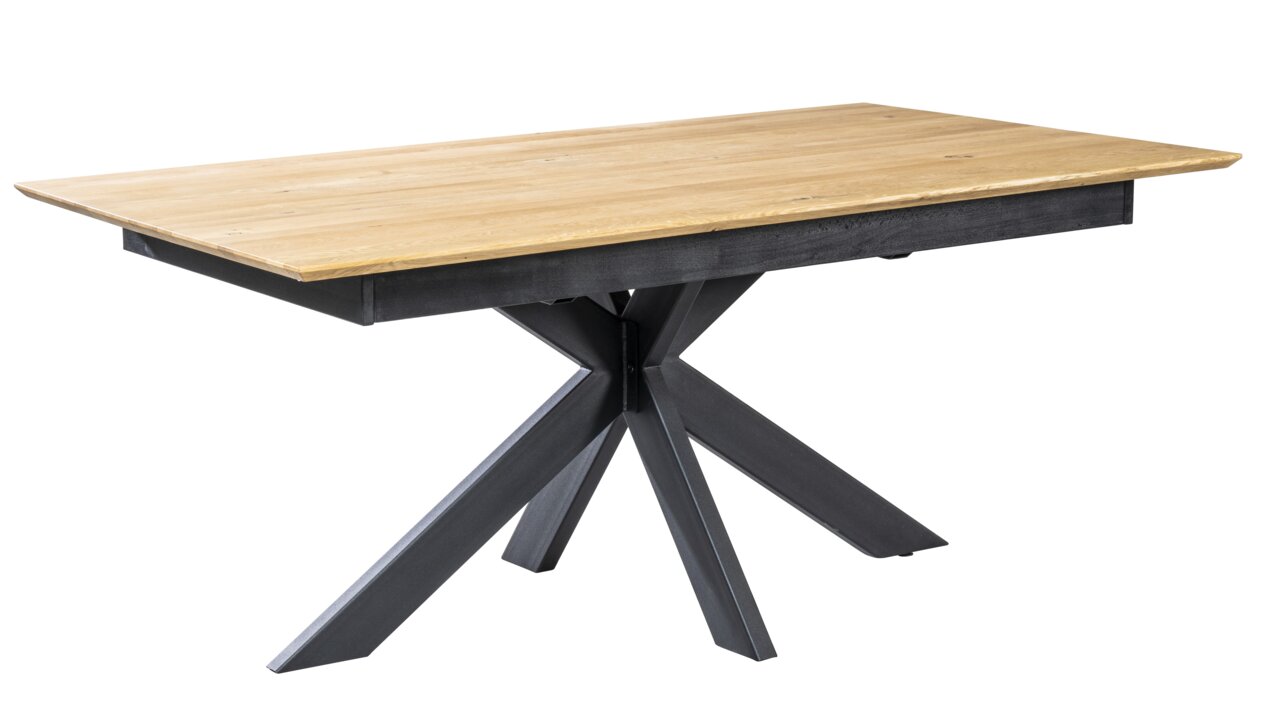 Moderner Esstisch mit Holzplatte und schwarzem Metallgestell, seitliche Perspektive