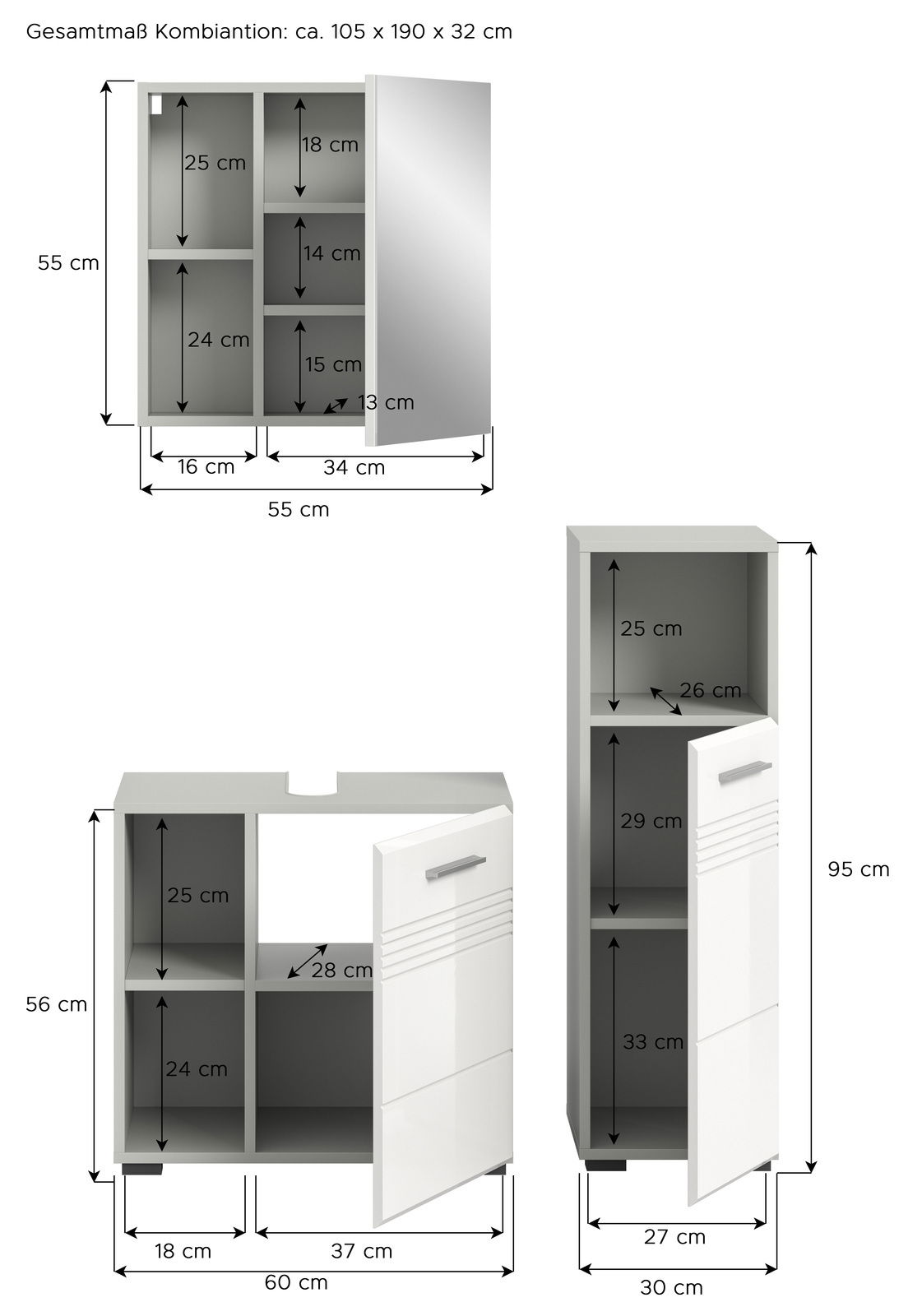 Badezimmermöbel-Kombination bestehend aus einem Spiegelschrank, einem Waschbeckenunterschrank und einem Hochschrank, alle in moderner weiß-grauer Optik. Die Abbildung zeigt die Möbel aus einer frontalen Perspektive mit geöffneten Türen, um die Innenfächer
