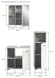 Badezimmermöbel-Kombination bestehend aus einem Spiegelschrank, einem Waschbeckenunterschrank und einem Hochschrank, alle in moderner weiß-grauer Optik. Die Abbildung zeigt die Möbel aus einer frontalen Perspektive mit geöffneten Türen, um die Innenfächer
