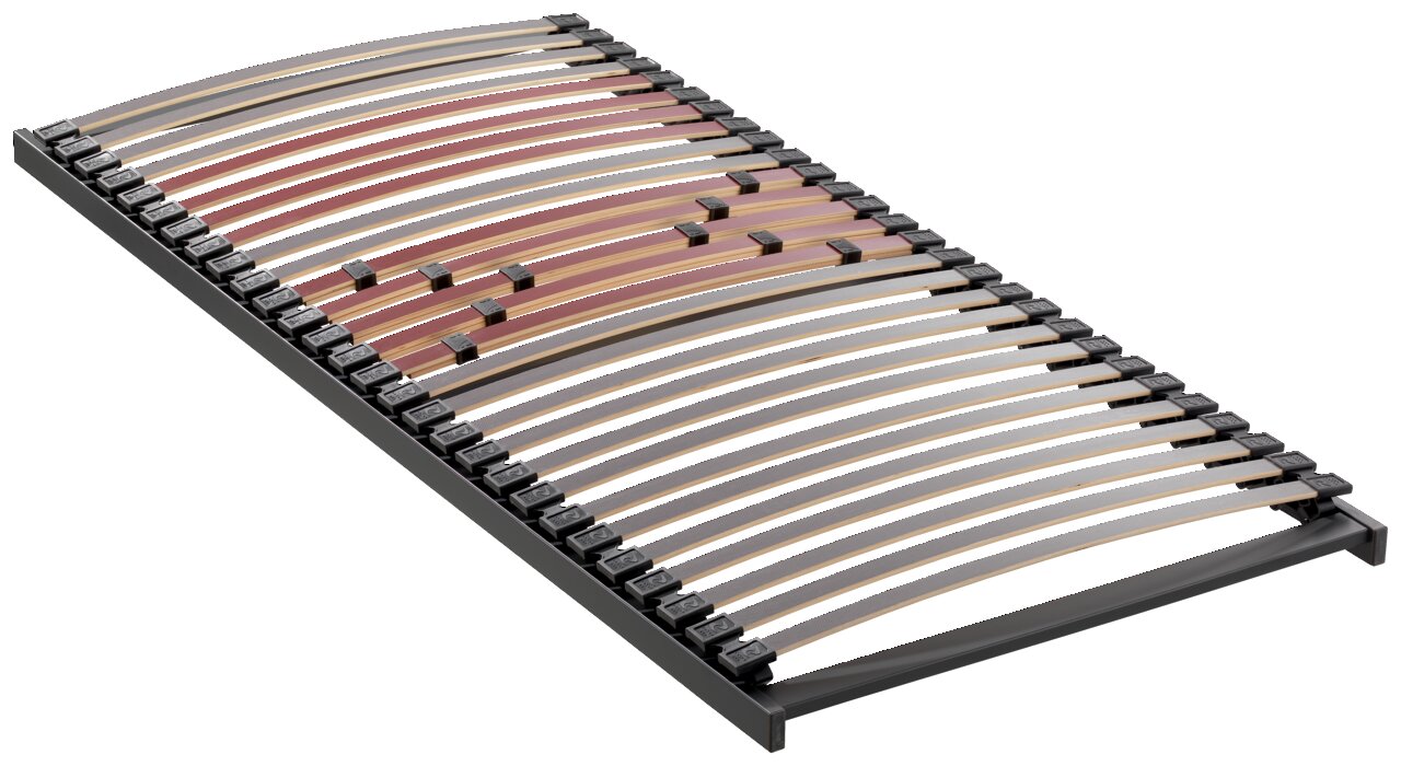Federholzrahmen Fit S in schräger Perspektive, zeigt flexible Holzlatten und verstellbare Elemente.