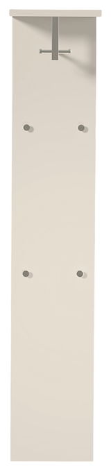 Garderobepaneel in heller Farbe mit mehreren Haken, frontal betrachtet.