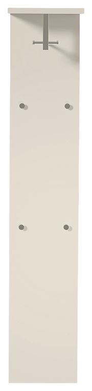 Garderobepaneel in heller Farbe mit mehreren Haken, frontal betrachtet.
