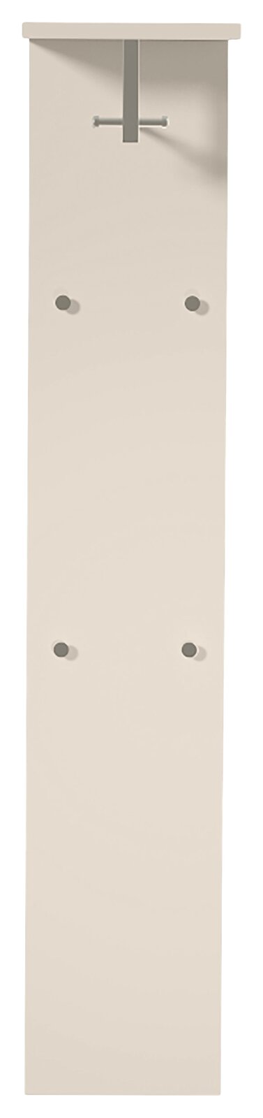 Garderobepaneel in heller Farbe mit mehreren Haken, frontal betrachtet.