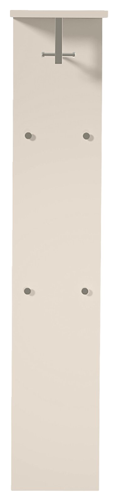 Garderobepaneel in heller Farbe mit mehreren Haken, frontal betrachtet.