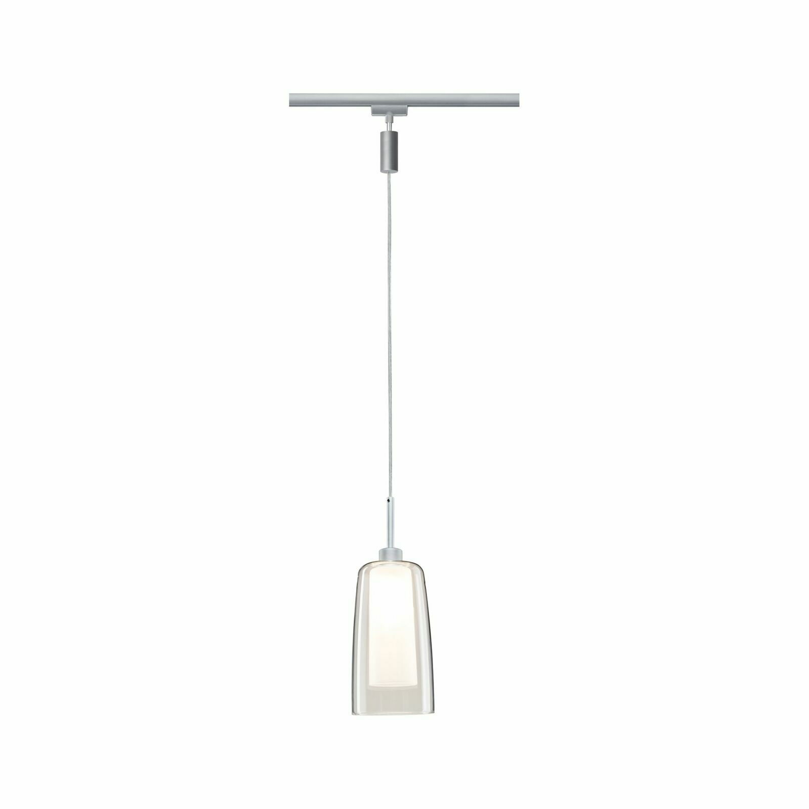Schienenpendel Arido II, moderne Hängelampe mit klarem Glas und weißem Innenzylinder, Ansicht von vorne