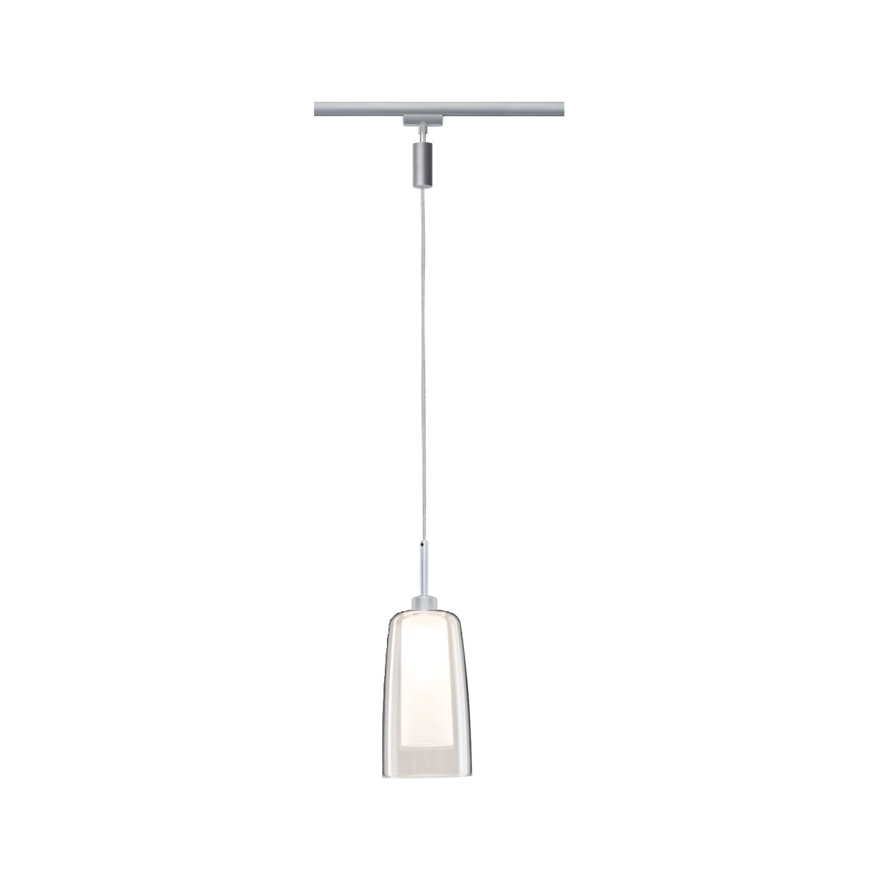 Schienenpendel Arido II, moderne Hängelampe mit klarem Glas und weißem Innenzylinder, Ansicht von vorne