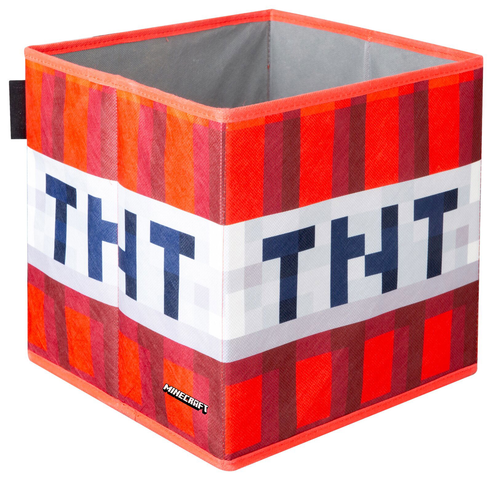 Minecraft Aufbewahrungsbox im TNT-Design in Rot/Orange mit weißem Schriftband, offene Oberseite, schräg von vorne fotografiert