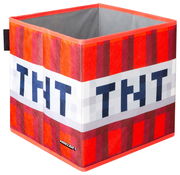 Minecraft Aufbewahrungsbox im TNT-Design in Rot/Orange mit weißem Schriftband, offene Oberseite, schräg von vorne fotografiert