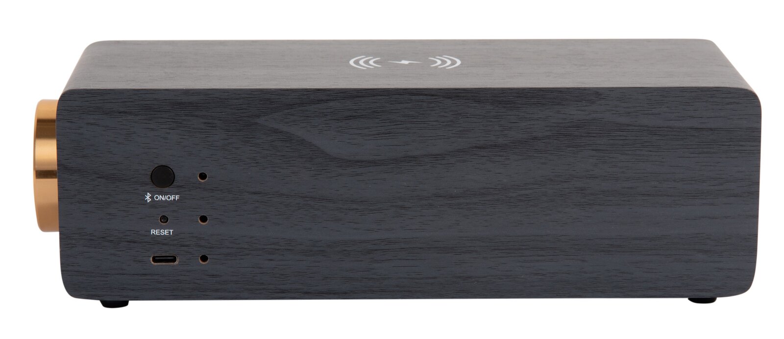 Seitenansicht eines Radioweckers mit Bluetooth-Lautsprecher, Holzoptik und goldfarbenem Drehknopf.