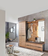 Moderner Garderobenschrank aus Holz mit Spiegel und Sitzbank, seitliche Perspektive