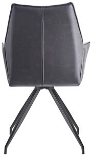 Rückansicht eines modernen Armlehnstuhls mit schwarzem Lederbezug und Metallbeinen.