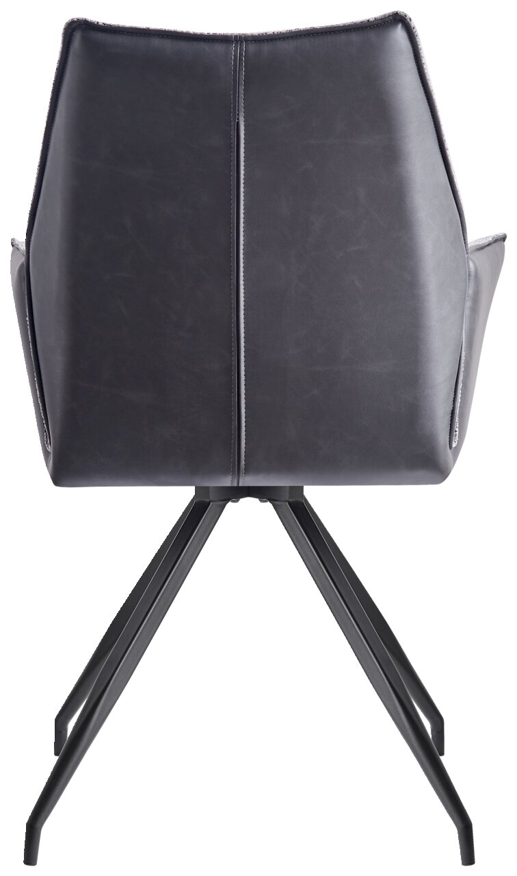 Rückansicht eines modernen Armlehnstuhls mit schwarzem Lederbezug und Metallbeinen.