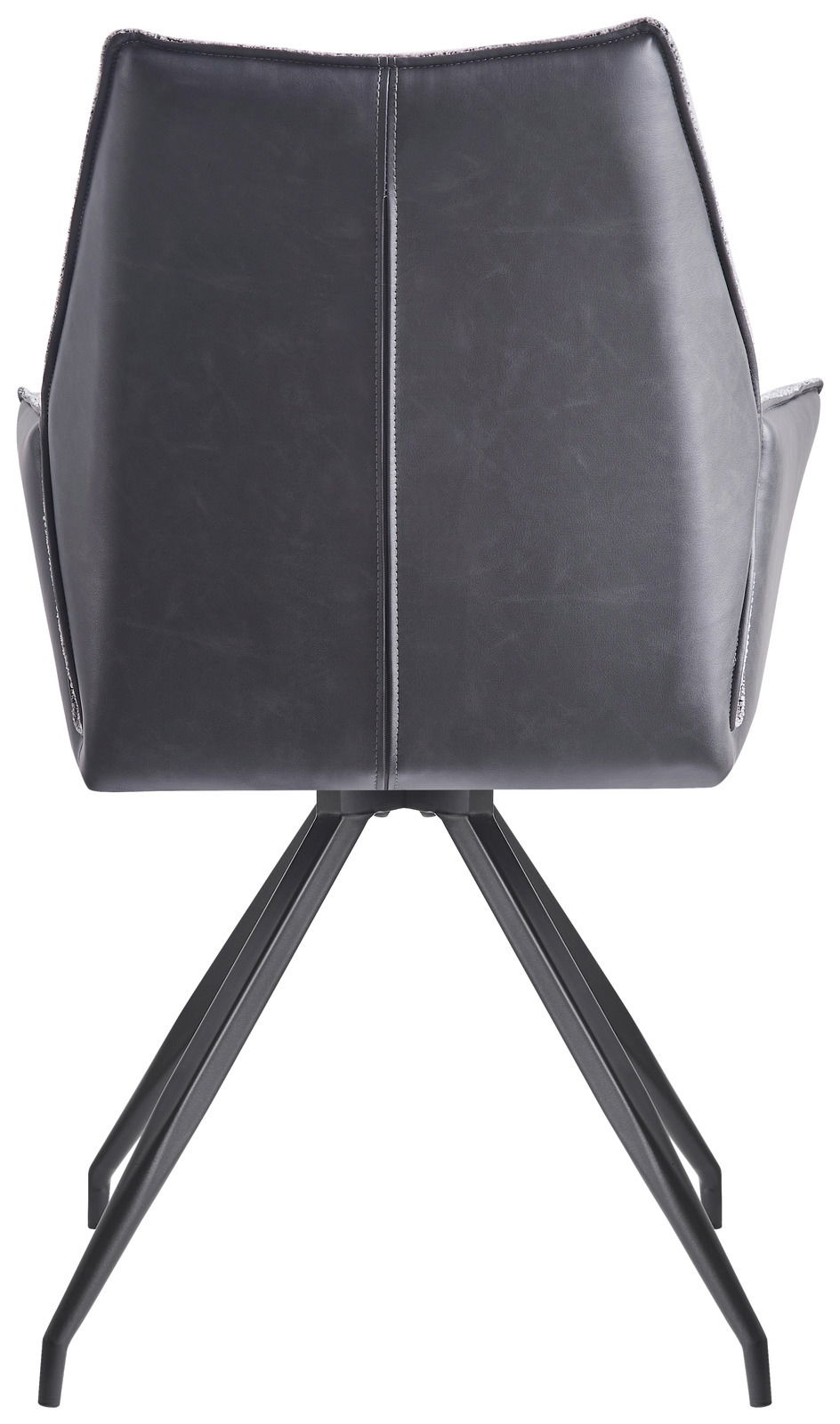 Rückansicht eines modernen Armlehnstuhls mit schwarzem Lederbezug und Metallbeinen.