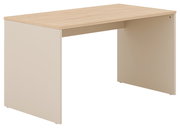 Moderner Schreibtisch mit hellem Holzfurnier und cremefarbenen Seitenwänden, seitliche Perspektive