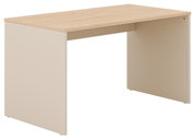 Modern bureau met lichtgekleurd houtfineer en crèmekleurige zijpanelen, zijaanzicht
