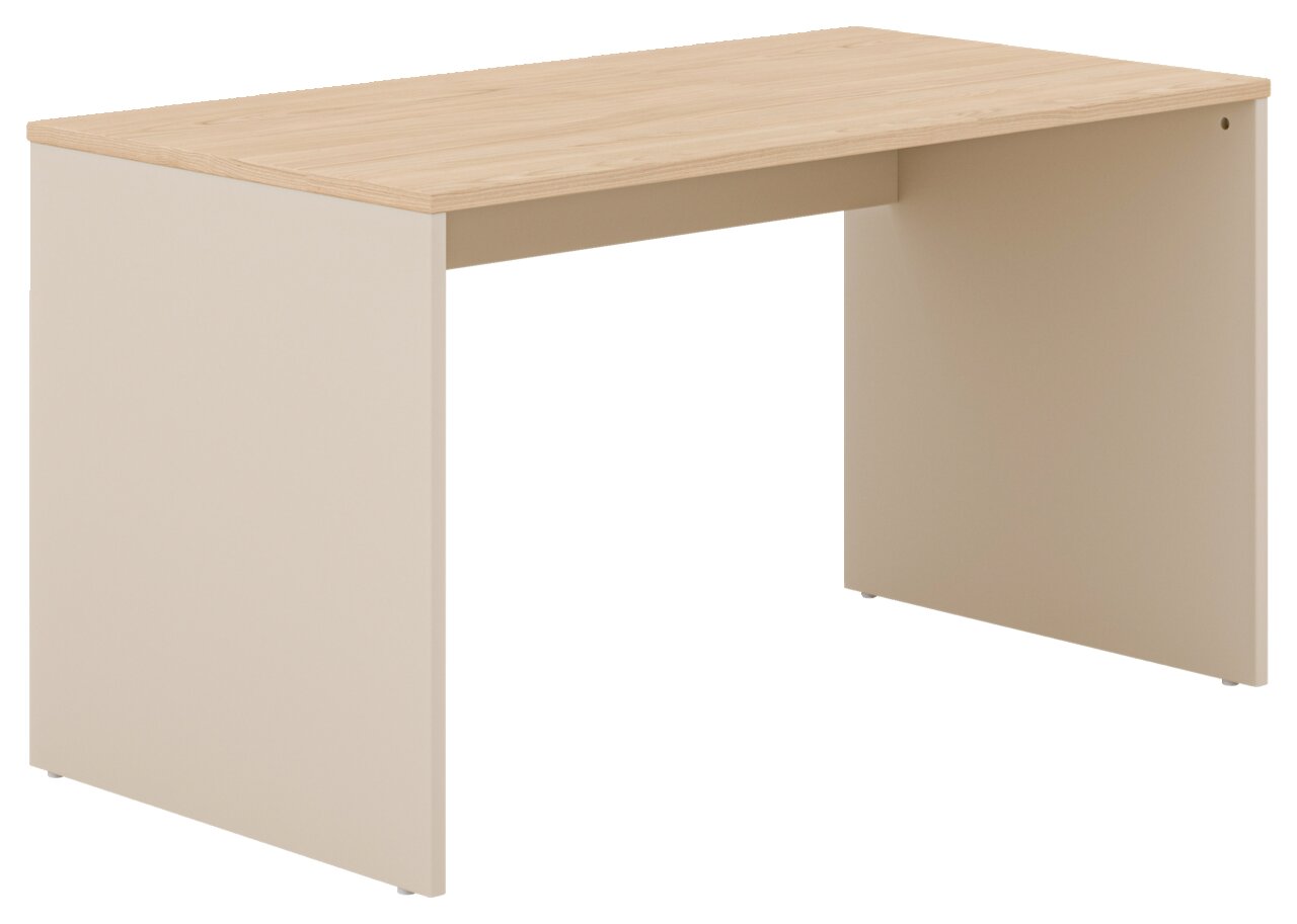 Modern bureau met lichtgekleurd houtfineer en crèmekleurige zijpanelen, zijaanzicht