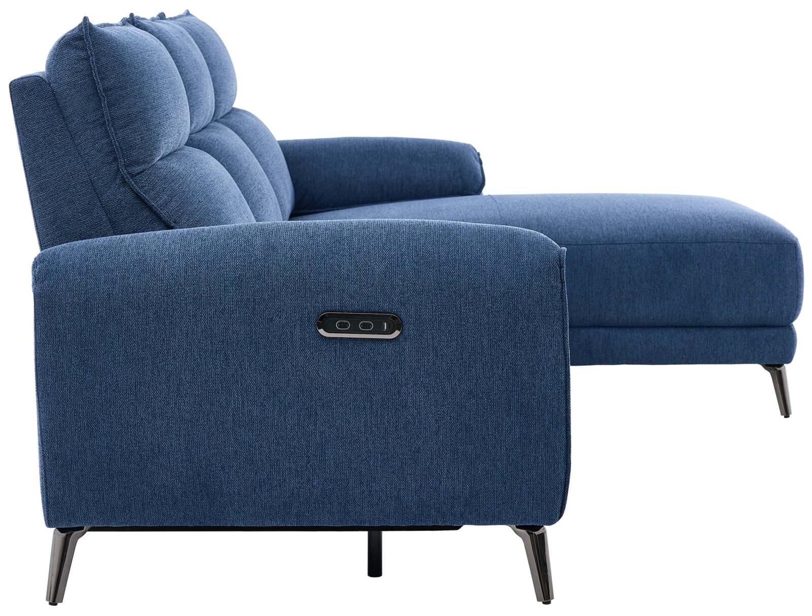 Blaues Stoff-Chaiselongue-Sofa mit gepolsterter Rückenlehne, Metallfüßen und seitlichen Bedientasten, Ansicht von der Seite (links)