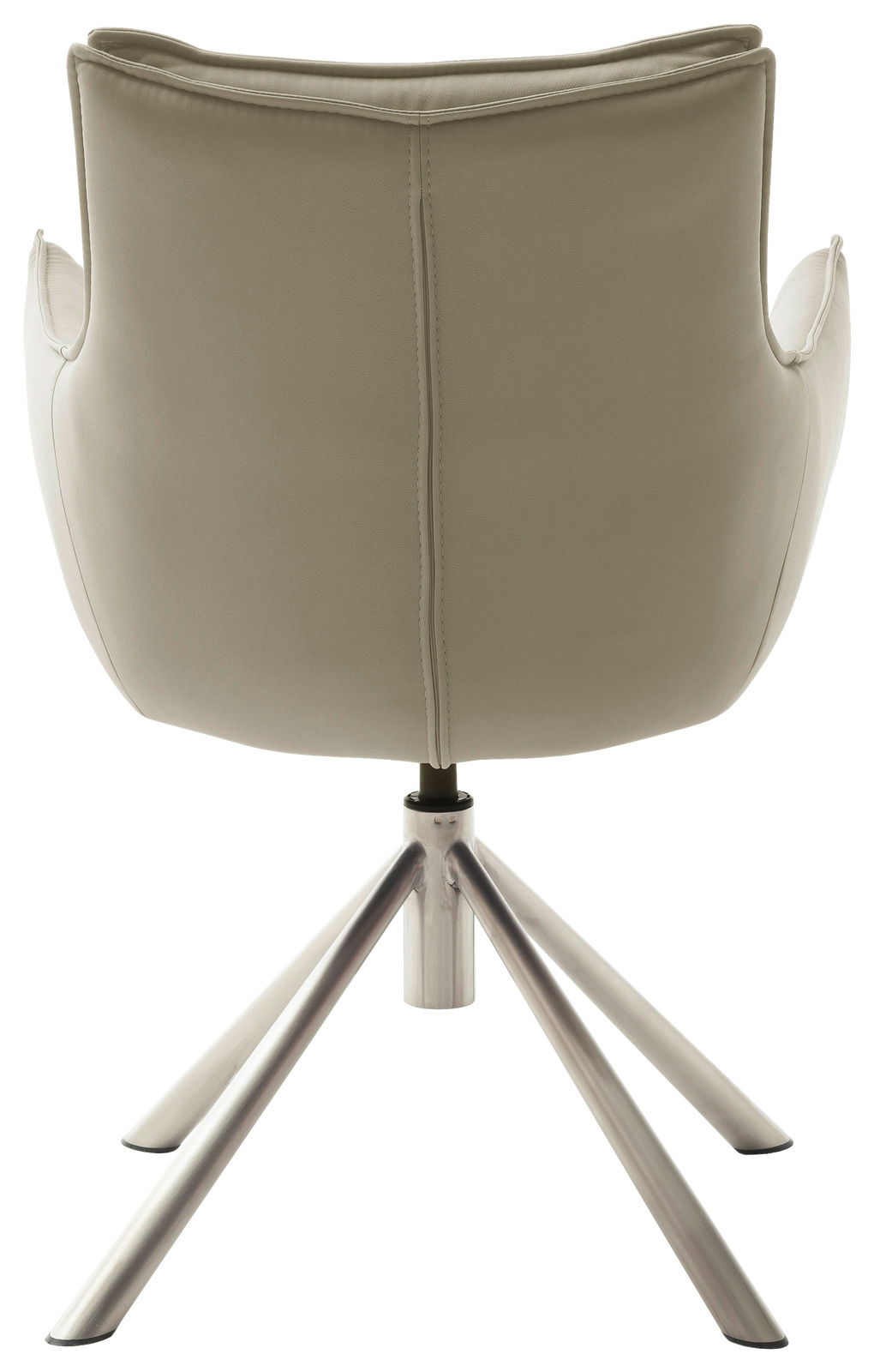 Rückansicht eines modernen Sessels mit beigem Bezug und einem stabilen, metallischen Vierfußgestell.