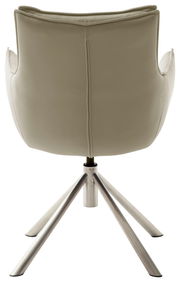 Rückansicht eines modernen Sessels mit beigem Bezug und einem stabilen, metallischen Vierfußgestell.