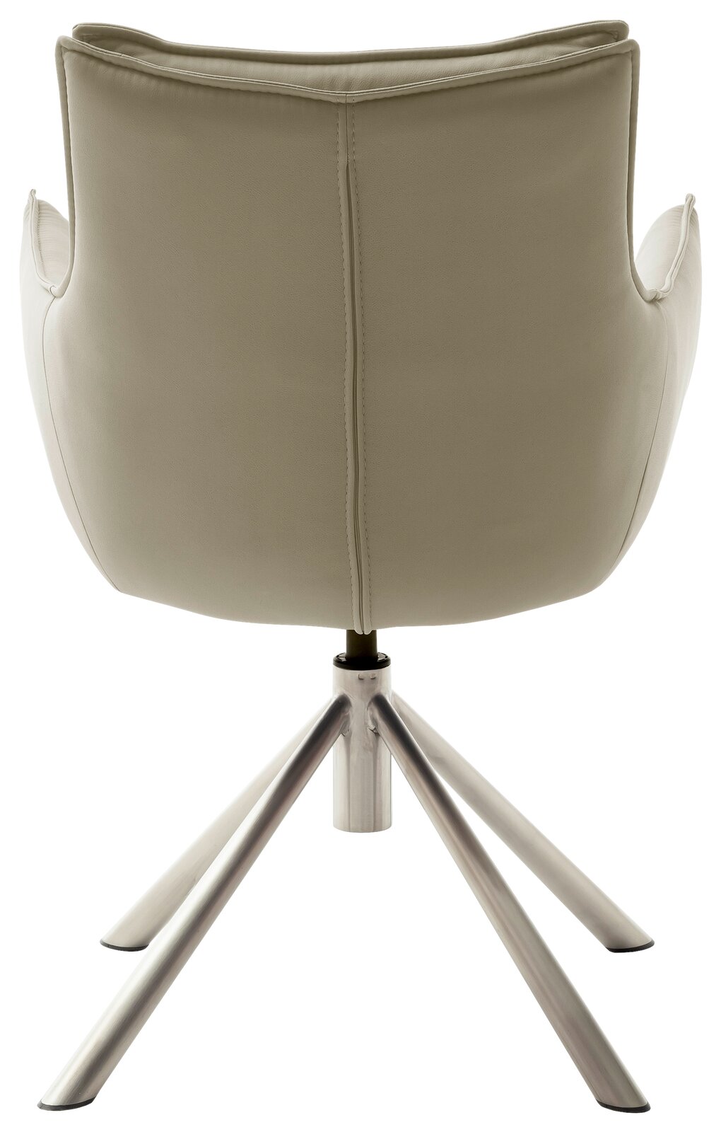 Rückansicht eines modernen Sessels mit beigem Bezug und einem stabilen, metallischen Vierfußgestell.