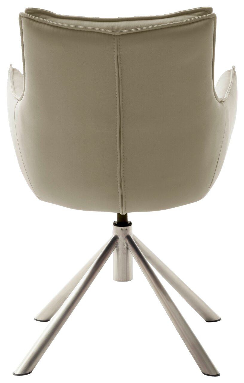 Rückansicht eines modernen Sessels mit beigem Bezug und einem stabilen, metallischen Vierfußgestell.