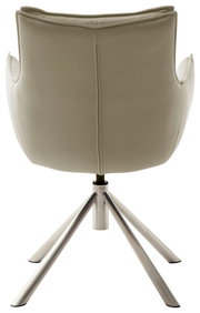 Rückansicht eines modernen Sessels mit beigem Bezug und einem stabilen, metallischen Vierfußgestell.