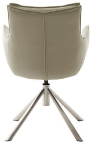 Rückansicht eines modernen Sessels mit beigem Bezug und einem stabilen, metallischen Vierfußgestell.