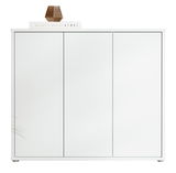 Weißer XL-Schuhschrank mit drei Türen, frontal fotografiert, mit dekorativem Buch und Lampe auf der Oberseite.