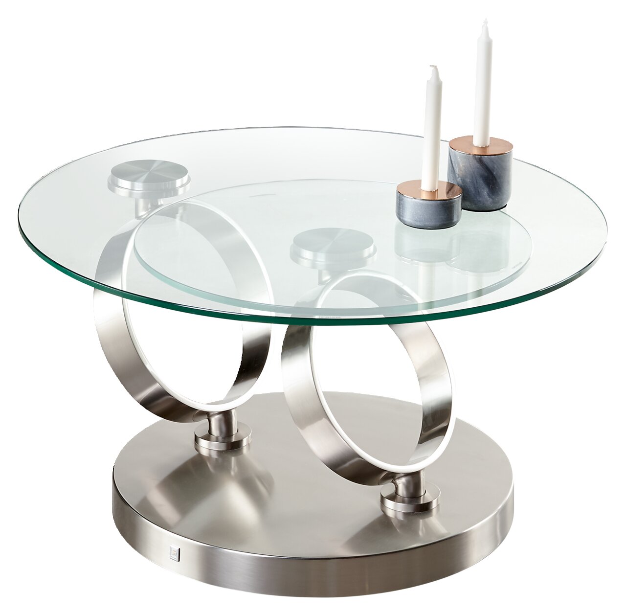 Moderner Couchtisch mit runder Glasplatte und zwei Kerzenhaltern, seitliche Perspektive